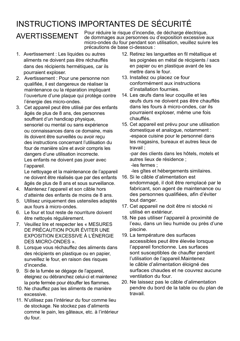 Instructions importantes de sécurité, Avertissement | Cata FS 20 BK User Manual | Page 40 / 142