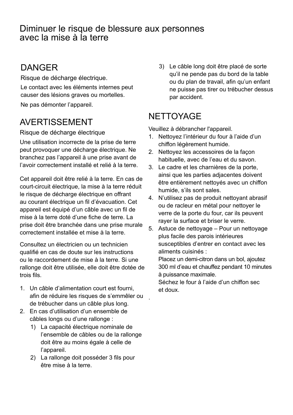 Danger, Avertissement, Nettoyage | Cata FS 20 BK User Manual | Page 42 / 142