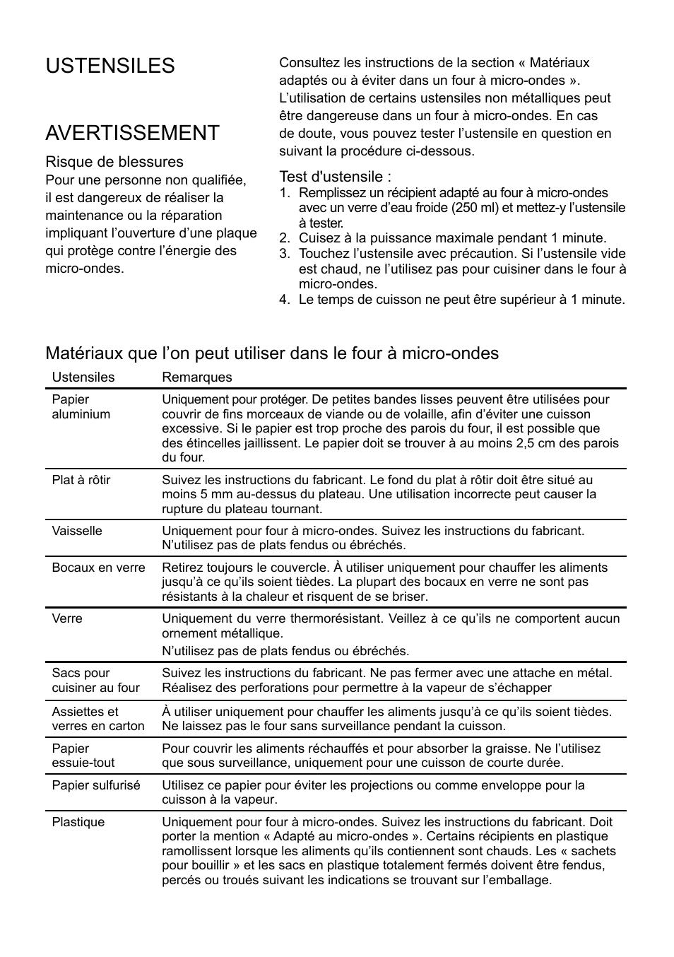 Ustensiles, Avertissement | Cata FS 20 BK User Manual | Page 43 / 142