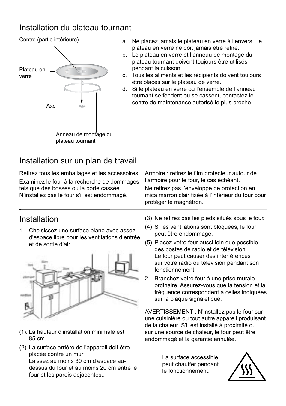 Installation du plateau tournant, Installation, Installation sur un plan de travail | Cata FS 20 BK User Manual | Page 46 / 142