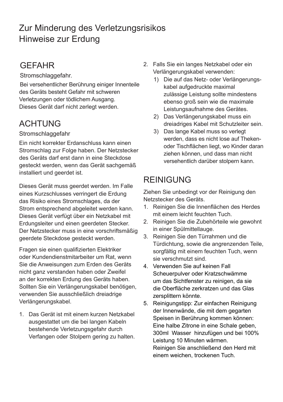 Gefahr, Achtung, Reinigung | Cata FS 20 BK User Manual | Page 72 / 142