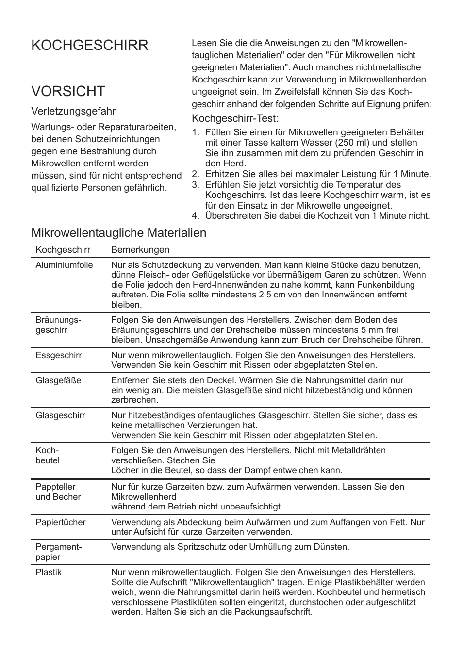 Kochgeschirr, Vorsicht, Mikrowellentaugliche materialien | Cata FS 20 BK User Manual | Page 73 / 142