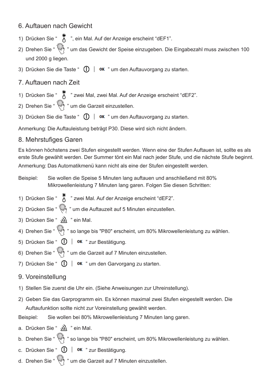 Auftauen nach gewicht, Auftauen nach zeit, Mehrstufiges garen | Voreinstellung | Cata FS 20 BK User Manual | Page 79 / 142