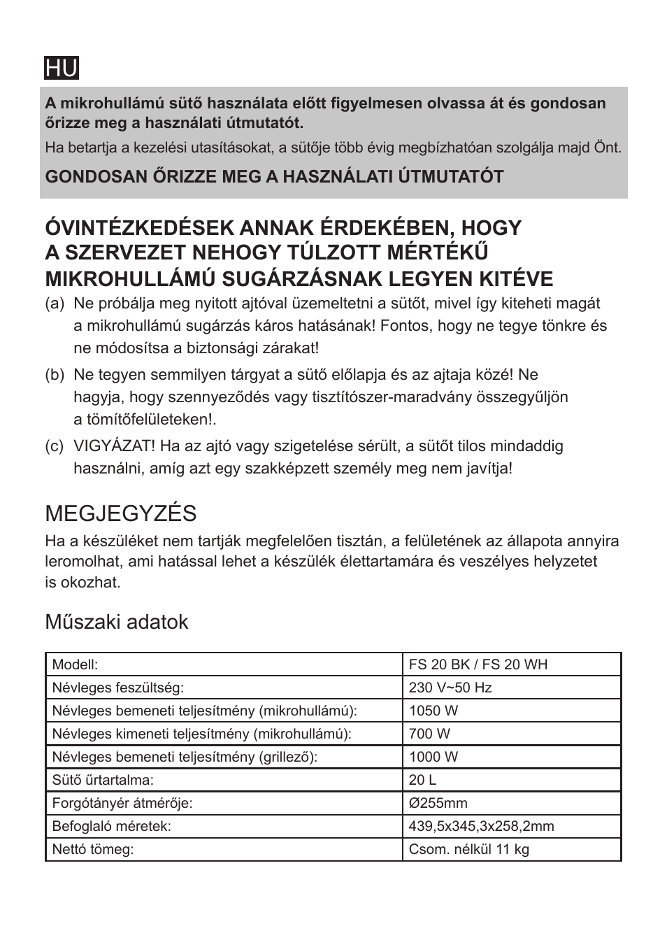 Megjegyzés, Műszaki adatok | Cata FS 20 BK User Manual | Page 84 / 142