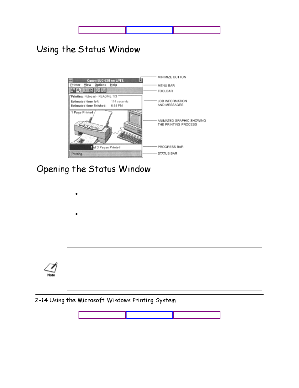 Using the status windows, Using the status window, Opening the status window | 8vlqj wkh 6wdwxv :lqgrz, 2shqlqj wkh 6wdwxv :lqgrz | Canon BJC-620 User Manual | Page 20 / 97