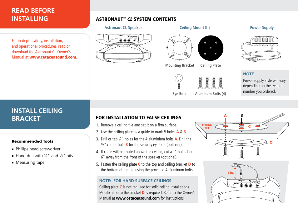 Install ceiling bracket read before installing | Cetacea Sound Astronaut CL Quick Start Guide User Manual | Page 3 / 4