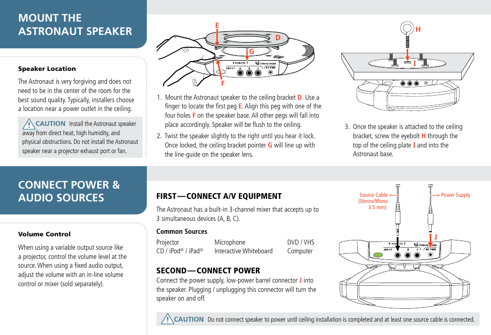 Mount the astronaut speaker, Connect power & audio sources | Cetacea Sound Astronaut CL Quick Start Guide User Manual | Page 4 / 4