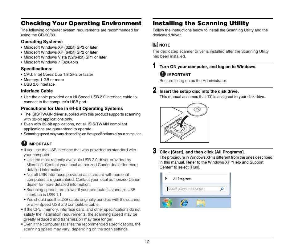 Checking your operating environment, Installing the scanning utility, See “checking your operating environment” on p. 12 | See “installing the scanning utility” on p. 12 | Canon CR-80 User Manual | Page 12 / 21