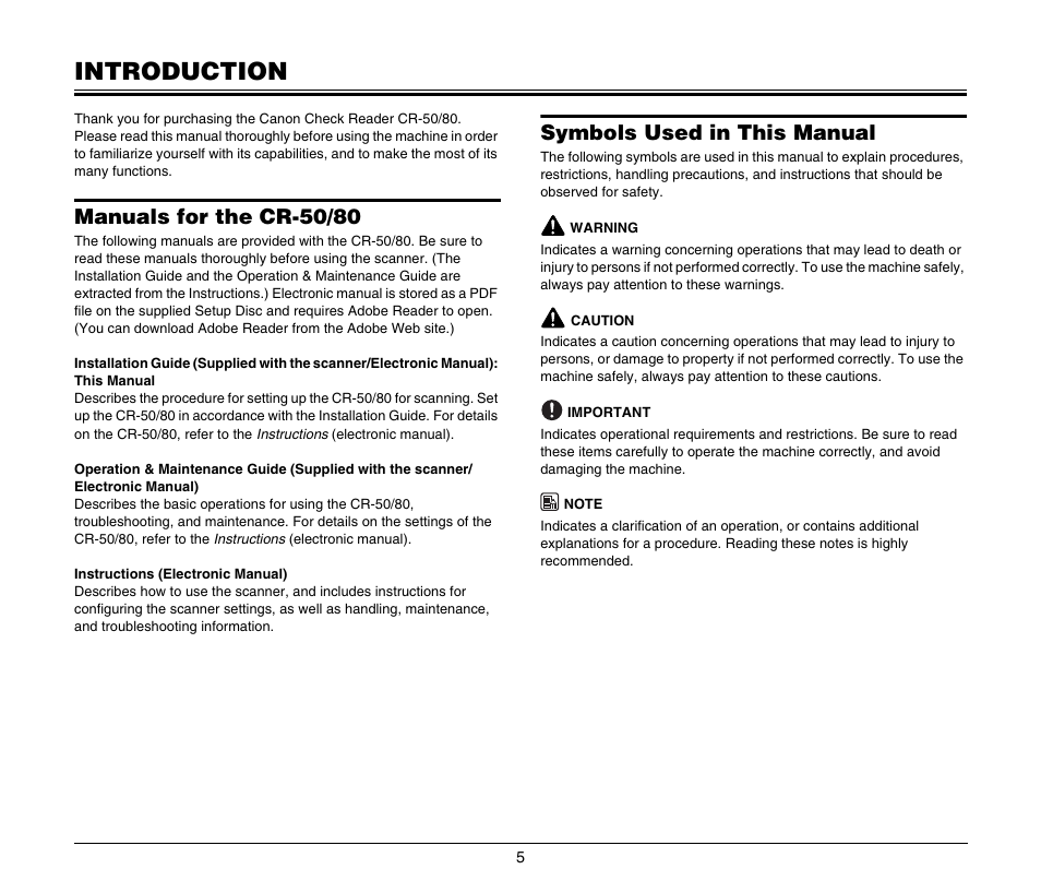 Introduction, Manuals for the cr-50/80, Symbols used in this manual | Canon CR-80 User Manual | Page 5 / 21