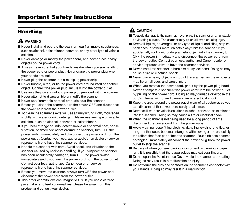 Important safety instructions, Handling | Canon CR-80 User Manual | Page 7 / 21