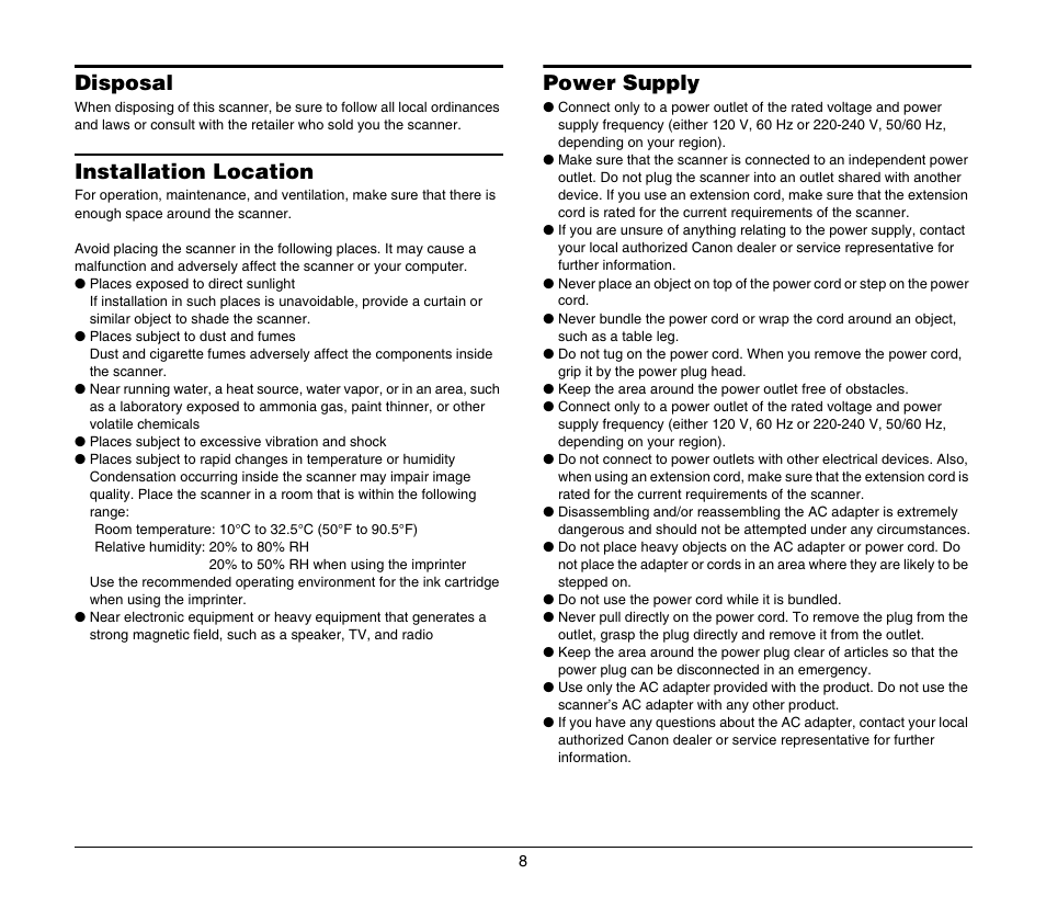 Disposal, Installation location, Power supply | Disposal installation location power supply | Canon CR-80 User Manual | Page 8 / 21