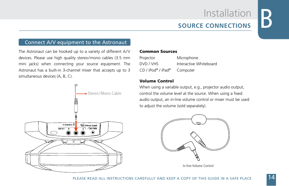 Installation, Source connections | Cetacea Sound Astronaut CL Owner's Manual User Manual | Page 15 / 24