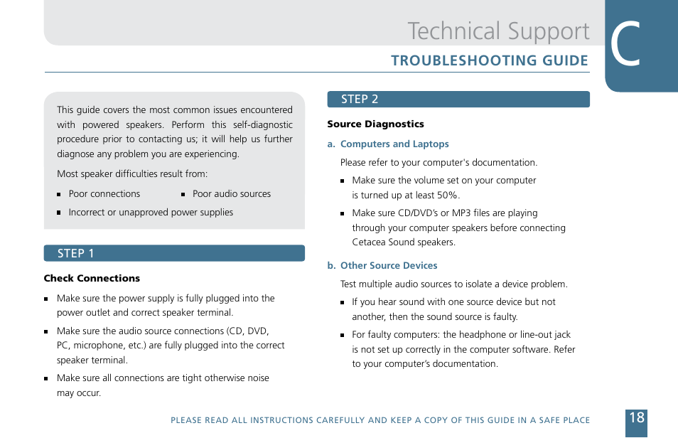 Technical support, Troubleshooting guide | Cetacea Sound Astronaut CL Owner's Manual User Manual | Page 19 / 24