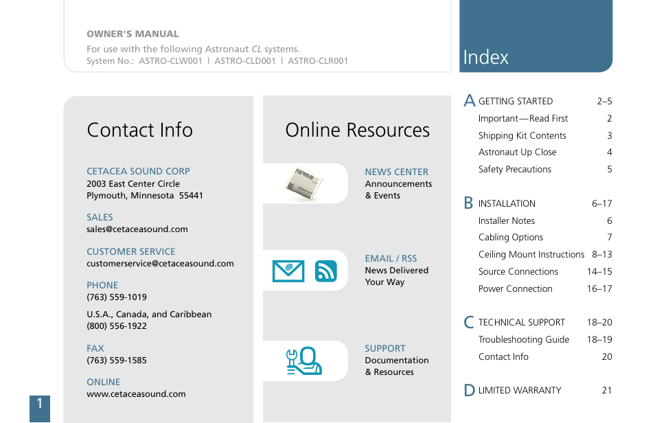 Index online resources contact info | Cetacea Sound Astronaut CL Owner's Manual User Manual | Page 2 / 24