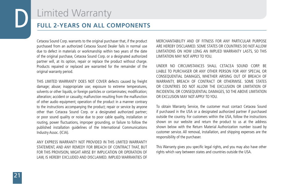 Limited warranty | Cetacea Sound Astronaut CL Owner's Manual User Manual | Page 22 / 24