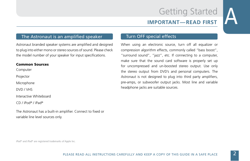 Getting started, Important— read first | Cetacea Sound Astronaut CL Owner's Manual User Manual | Page 3 / 24