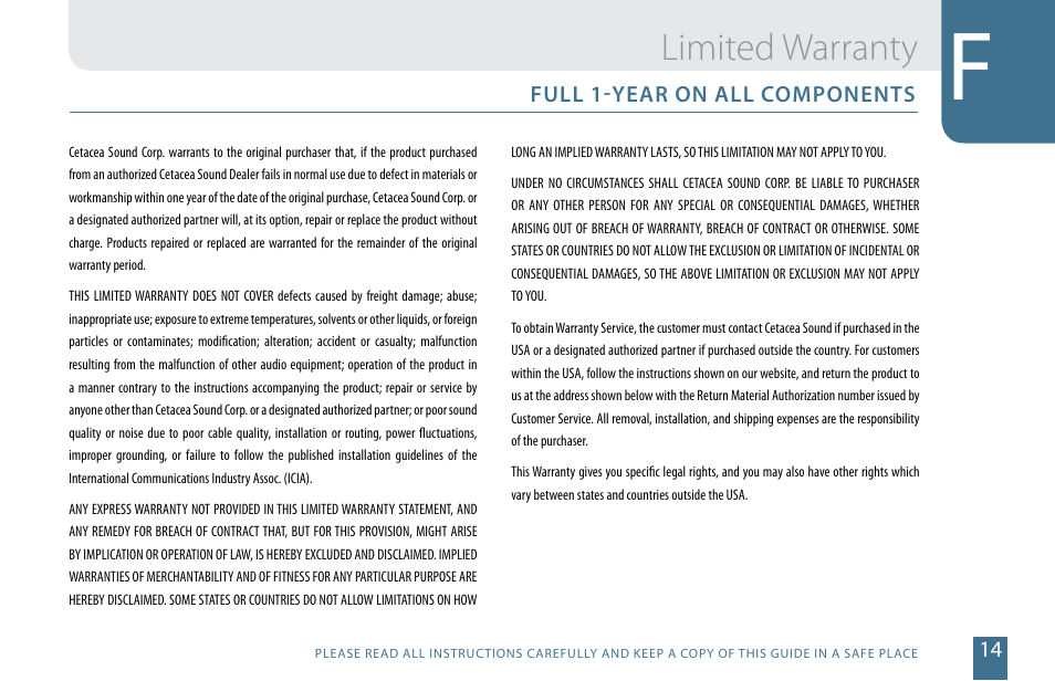 Limited warranty, Full 1-year on all components | Cetacea Sound Ensémble 903 User Manual | Page 15 / 16