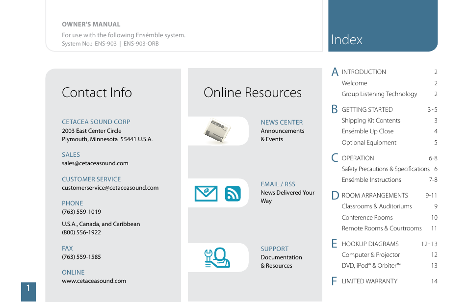 Index online resources contact info | Cetacea Sound Ensémble 903 User Manual | Page 2 / 16