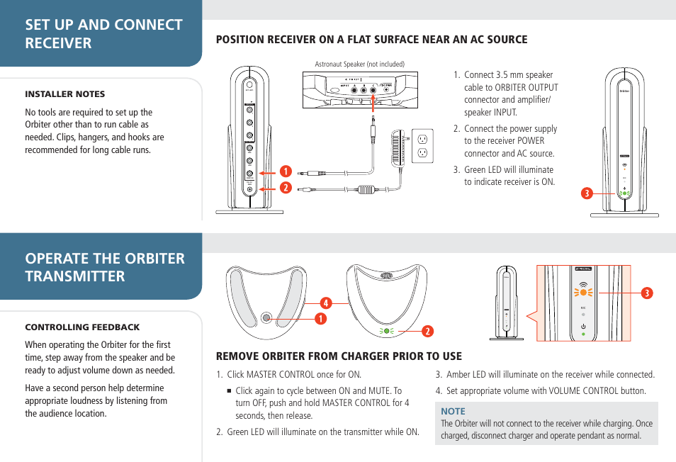 Set up and connect receiver, Operate the orbiter transmitter, Remove orbiter from charger prior to use | Cetacea Sound Orbiter Quick Start Guide User Manual | Page 3 / 4