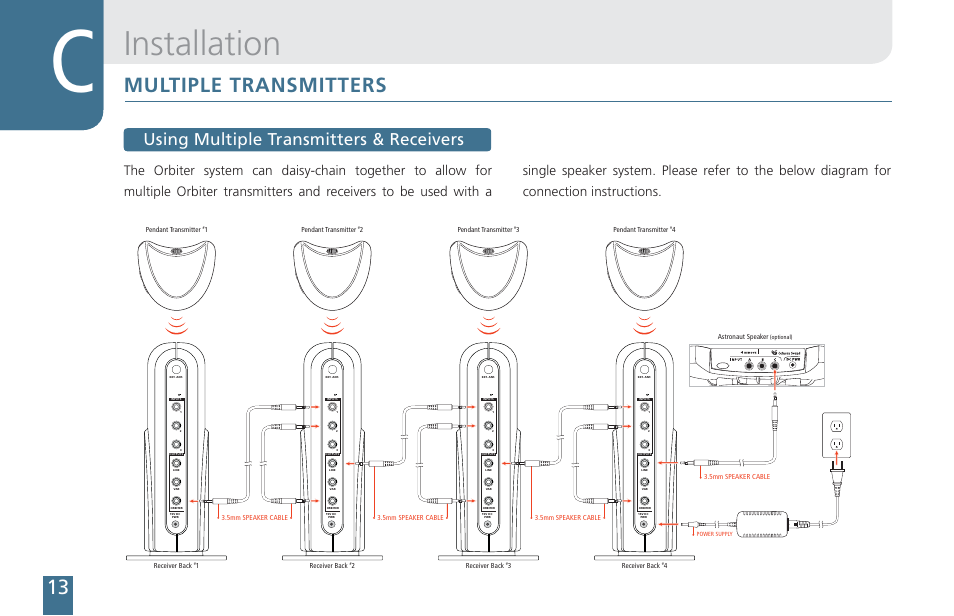 Installation, Multiple transmitters, Using multiple transmitters & receivers | Cetacea Sound Orbiter Owner's Manual User Manual | Page 14 / 24