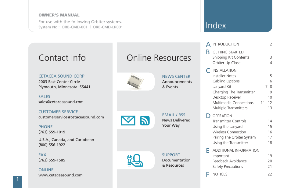 Index online resources contact info | Cetacea Sound Orbiter Owner's Manual User Manual | Page 2 / 24