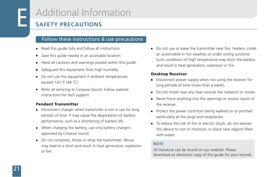 Additional information, Safety precautions | Cetacea Sound Orbiter Owner's Manual User Manual | Page 22 / 24