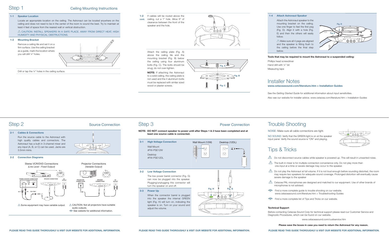 Trouble shooting, Tips & tricks, Step 2 | Step 3, Step 1, Source connection, Power connection, Ceiling mounting instructions | Cetacea Sound Astronaut 001 Standard Power Kit User Manual | Page 2 / 2