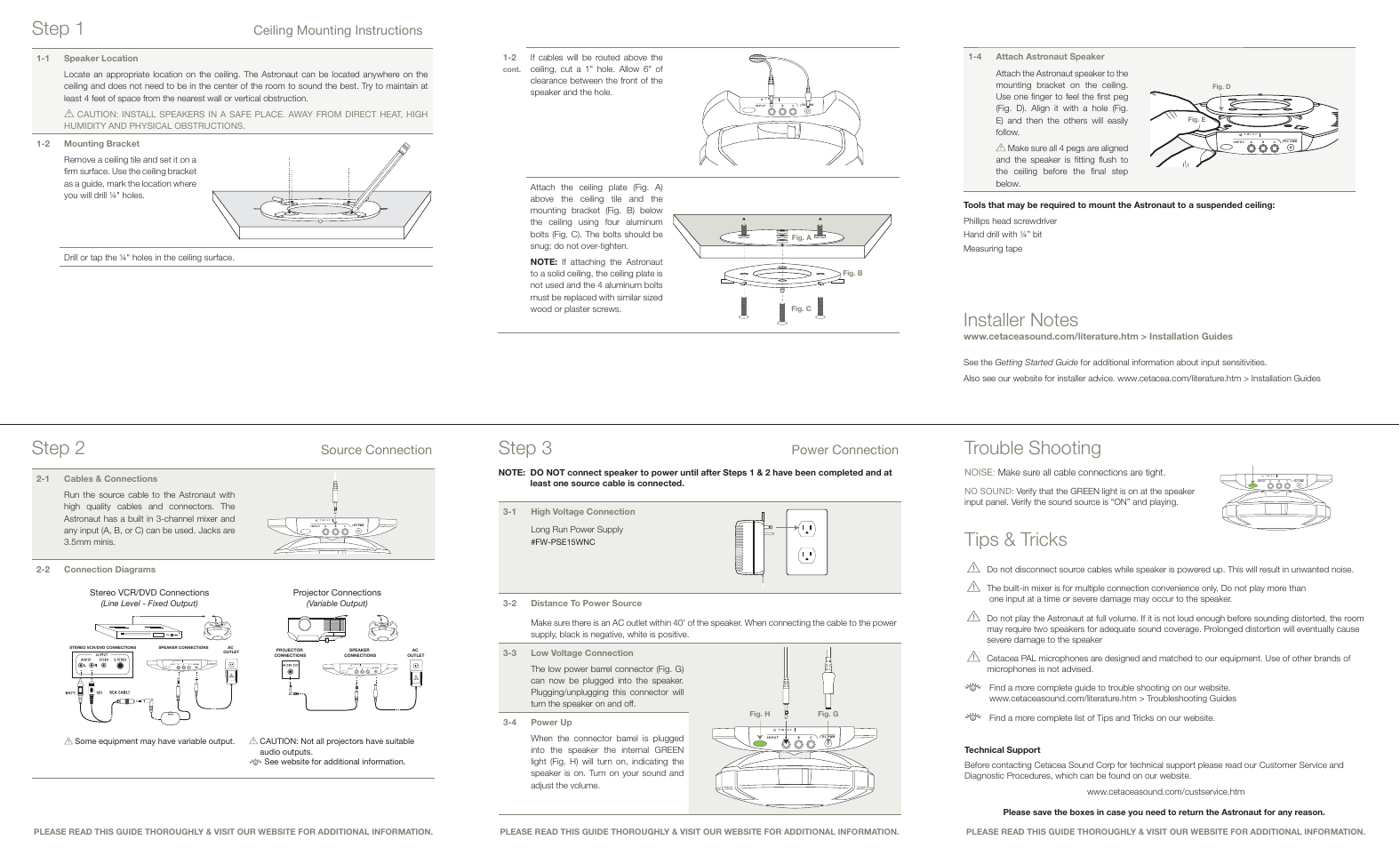 Trouble shooting, Tips & tricks, Step 2 | Step 3, Step 1, Source connection, Power connection, Ceiling mounting instructions | Cetacea Sound Astronaut 001 Long-Run Power Kit User Manual | Page 2 / 2