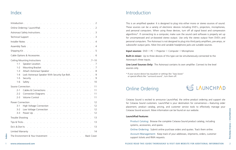 Introduction, Online ordering, Index | Cetacea Sound Astronaut 002 User Manual | Page 2 / 8
