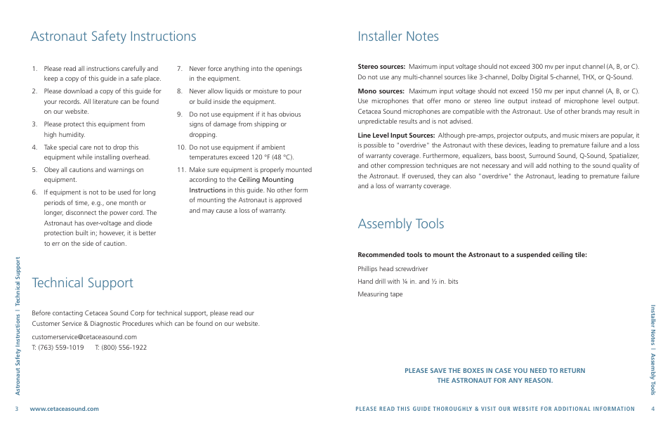 Astronaut safety instructions, Technical support, Assembly tools | Cetacea Sound Astronaut 002 User Manual | Page 3 / 8