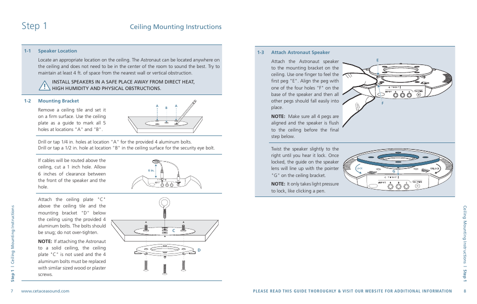 Step 1, Ceiling mounting instructions | Cetacea Sound Astronaut 002 User Manual | Page 5 / 8