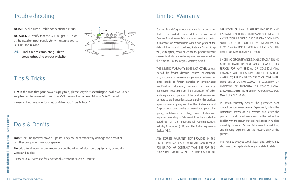 Troubleshooting, Tips & tricks, Do's & don'ts | Limited warranty | Cetacea Sound Astronaut 002 User Manual | Page 8 / 8