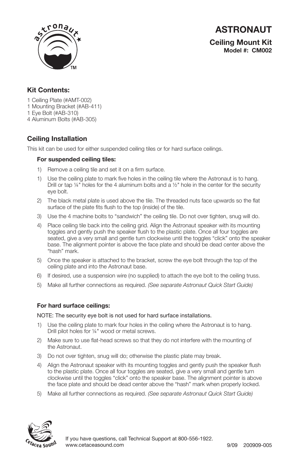 Cetacea Sound Astronaut 002 Ceiling Mount Kit User Manual | 2 pages