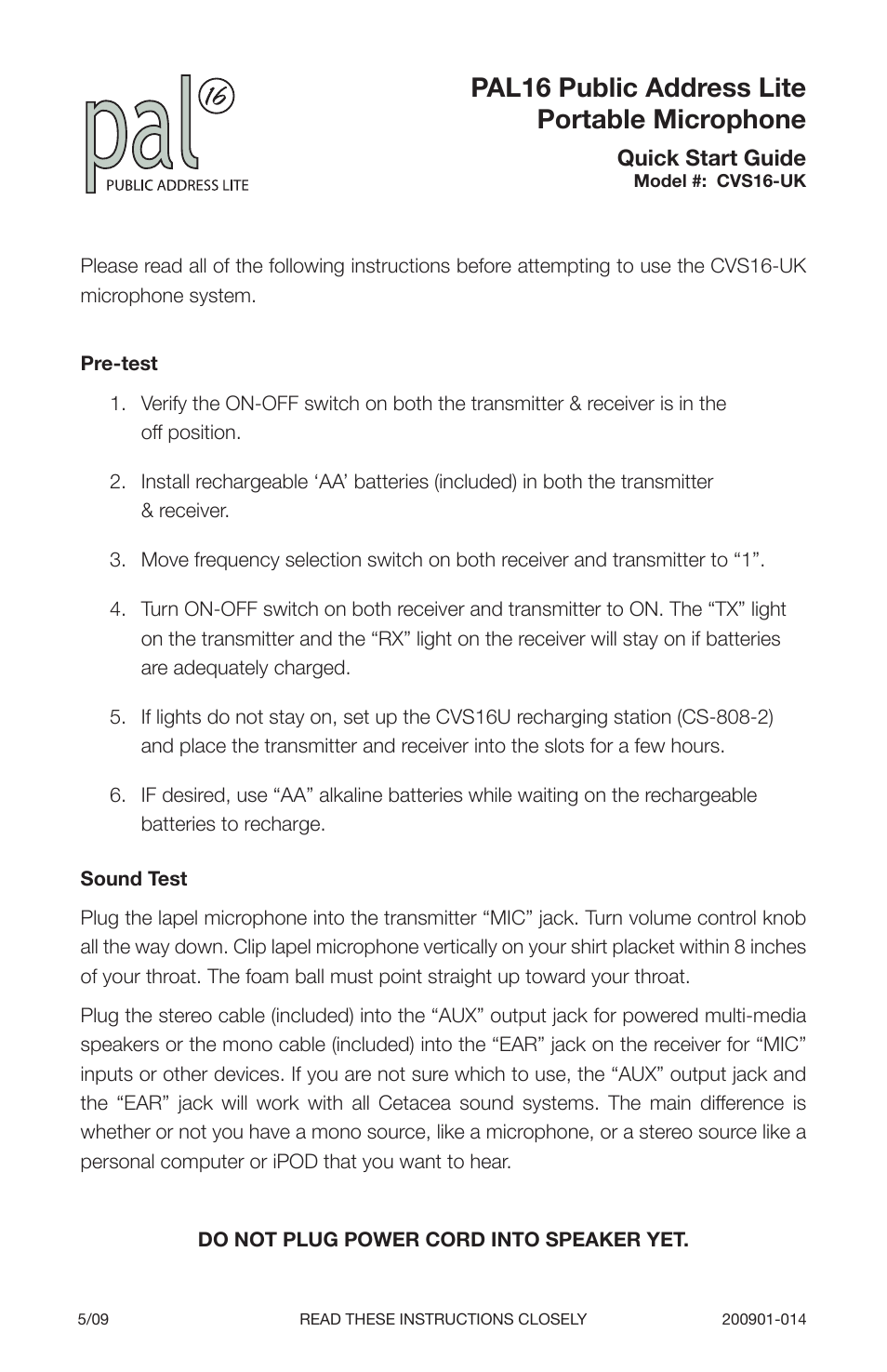 Cetacea Sound PAL 16 Wireless Microphone System User Manual | 2 pages