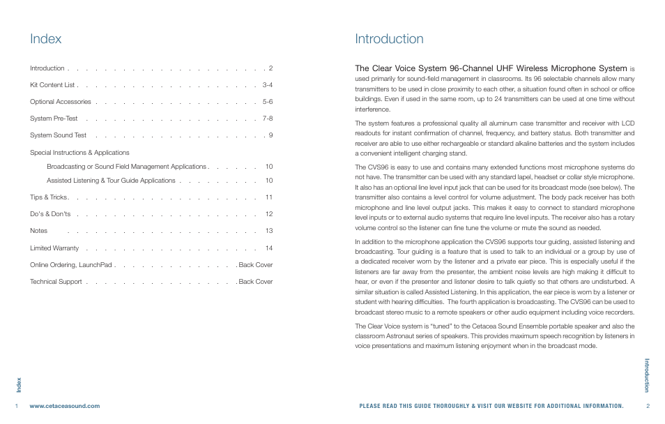 Introduction, Index | Cetacea Sound Clear Voice System 96 User Manual | Page 2 / 8