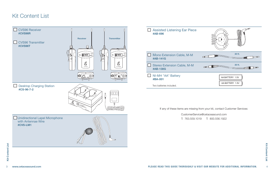 Kit content list | Cetacea Sound Clear Voice System 96 User Manual | Page 3 / 8