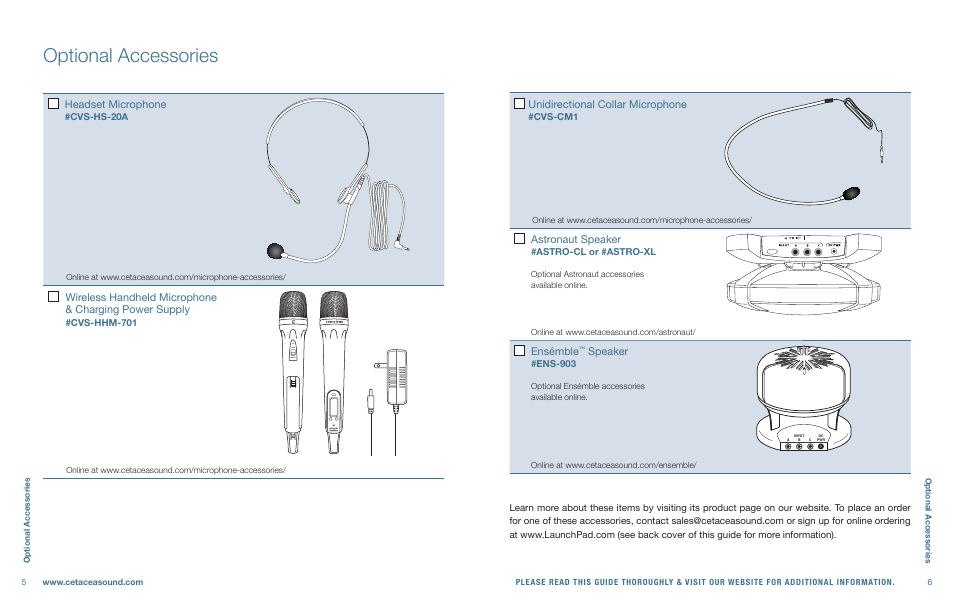 Optional accessories, Headset microphone, Unidirectional collar microphone | Astronaut speaker, Ensémble, Speaker | Cetacea Sound Clear Voice System 96 User Manual | Page 4 / 8