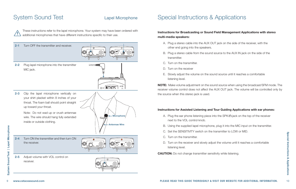 System sound test, Special instructions & applications, Lapel microphone | Cetacea Sound Clear Voice System 96 User Manual | Page 6 / 8