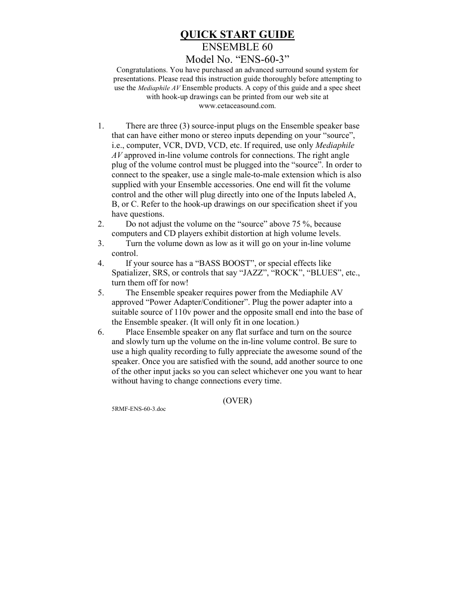 Cetacea Sound Ensémble 603 User Manual | 2 pages