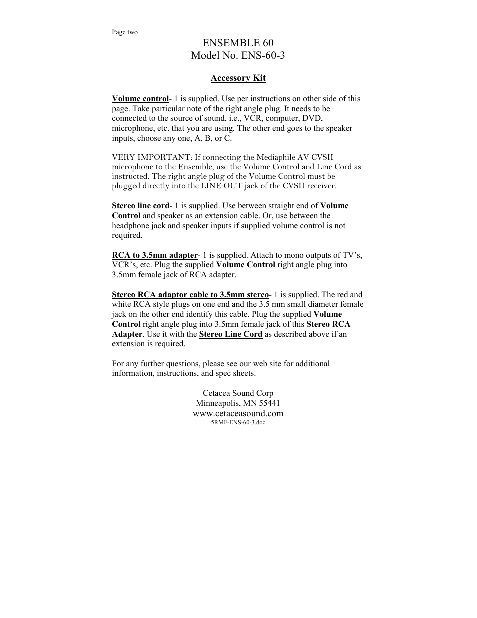 Ensemble 60, Model no. ens-60-3 | Cetacea Sound Ensémble 603 User Manual | Page 2 / 2