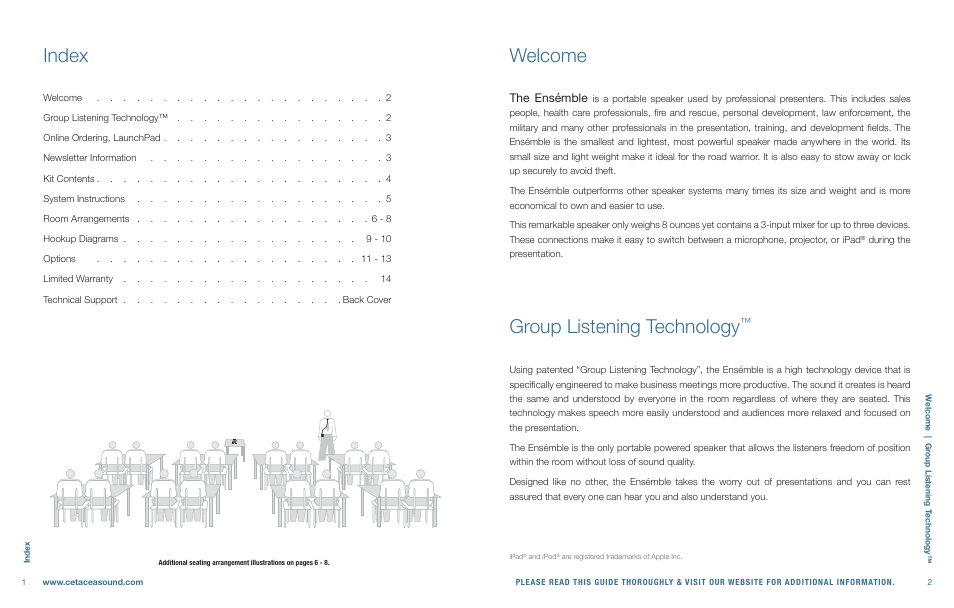 Welcome, Group listening technology, Index | The ensémble | Cetacea Sound Ensémble 903 User Manual | Page 2 / 8