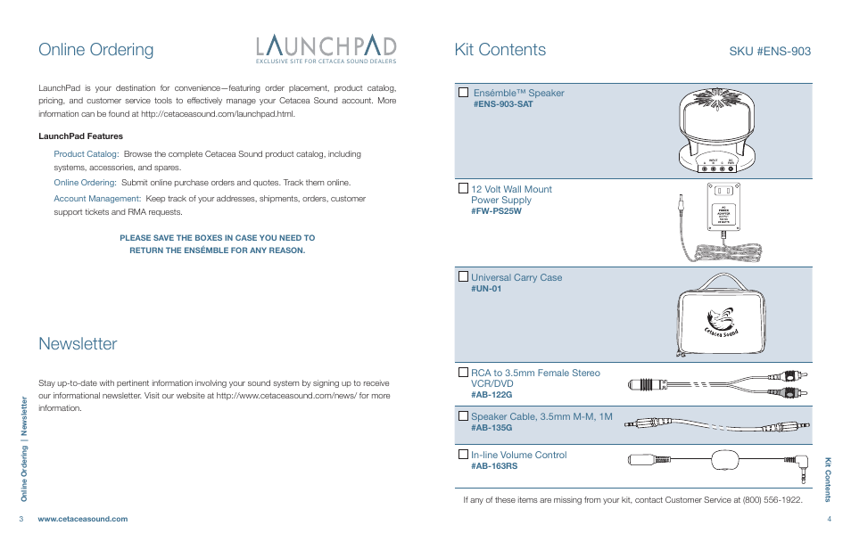 Online ordering, Newsletter, Kit contents | Sku #ens-903 | Cetacea Sound Ensémble 903 User Manual | Page 3 / 8