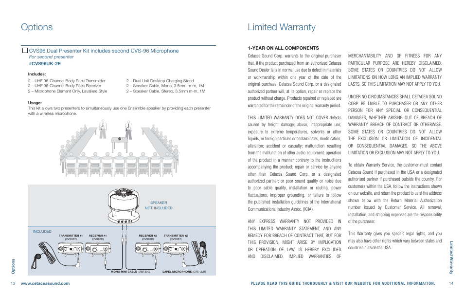 Limited warranty, Options | Cetacea Sound Ensémble 903 User Manual | Page 8 / 8