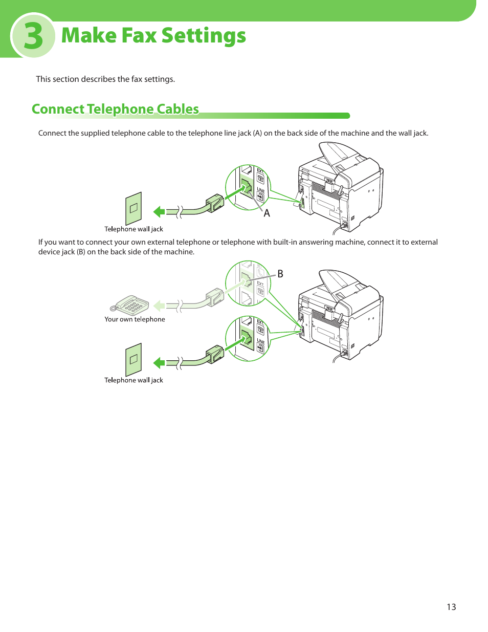 3 make fax settings, Connect telephone cables, Make fax settings | Canon MF4370DN User Manual | Page 15 / 44