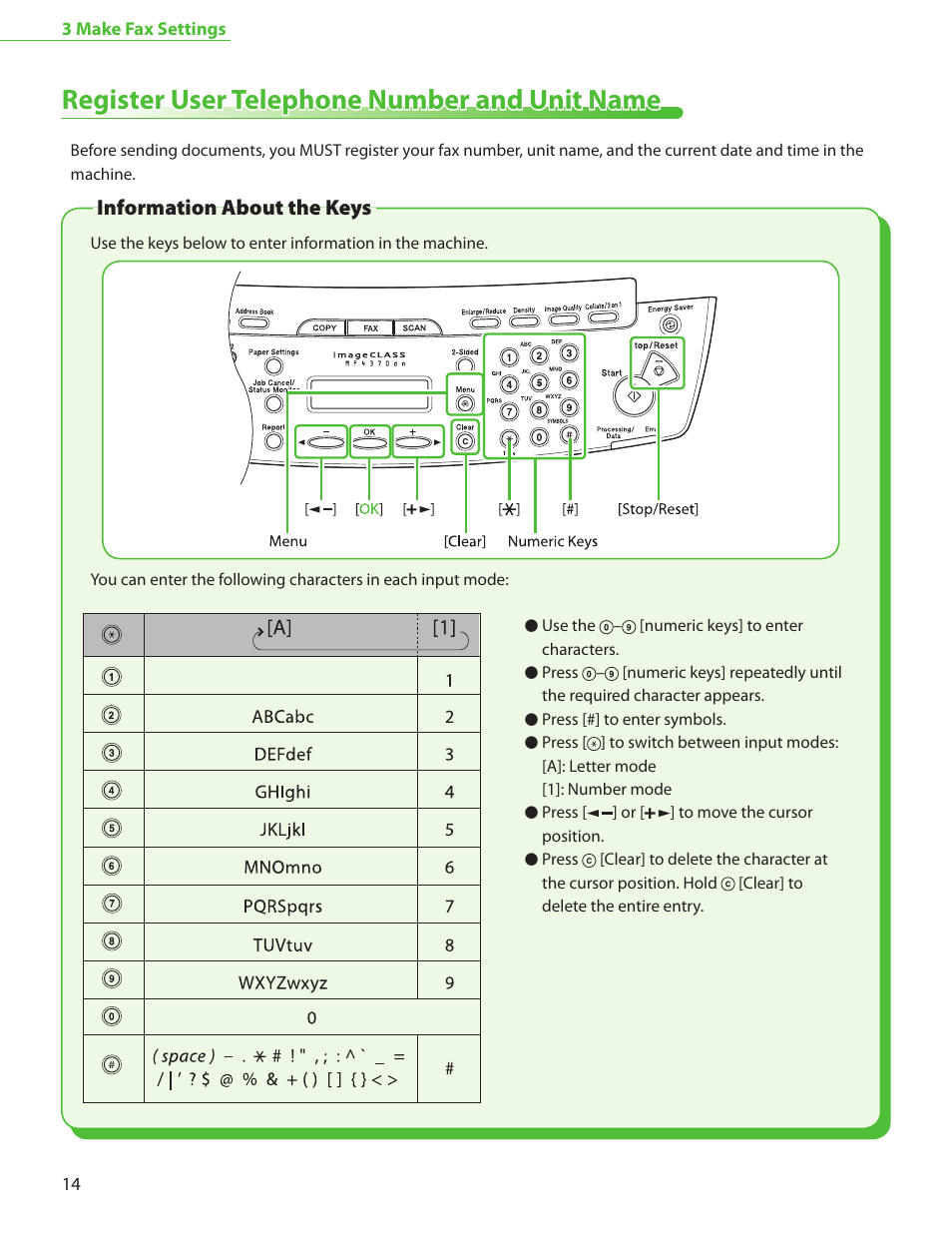 Register user telephone number and unit name, Information about the keys | Canon MF4370DN User Manual | Page 16 / 44