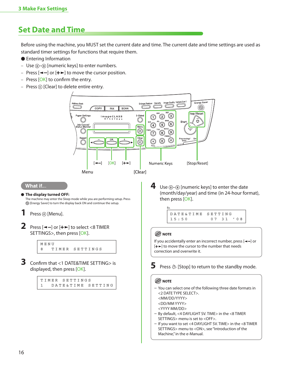 Set date and time | Canon MF4370DN User Manual | Page 18 / 44