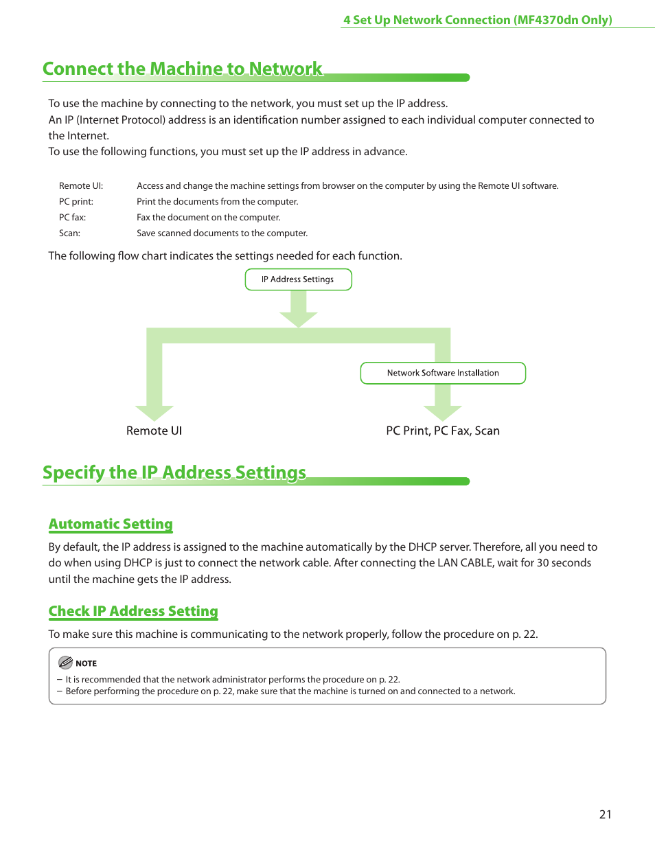 Connect the machine to network, Specify the ip address settings, Automatic setting | Check ip address setting | Canon MF4370DN User Manual | Page 23 / 44