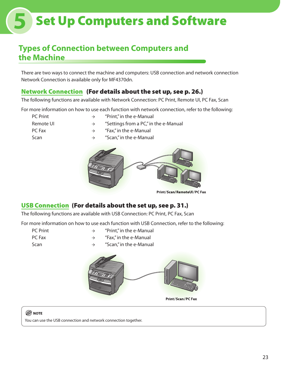 5 set up computers and software, Network connection, Usb connection | Set up computers and software | Canon MF4370DN User Manual | Page 25 / 44