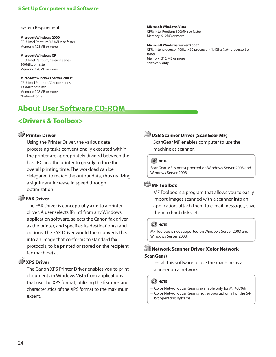 About user software cd-rom, Drivers & toolbox | Canon MF4370DN User Manual | Page 26 / 44