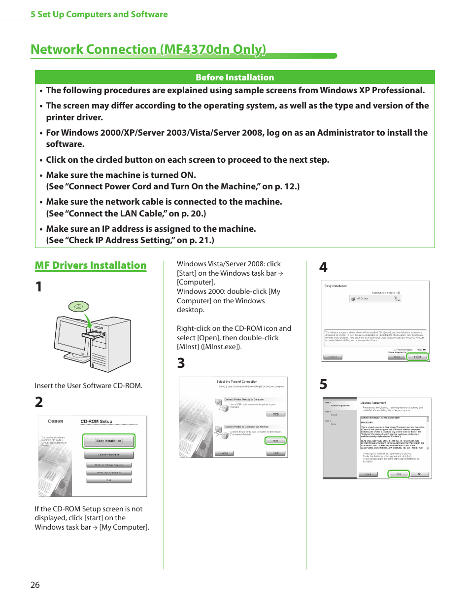 Network connection (mf4370dn only), Mf drivers installation | Canon MF4370DN User Manual | Page 28 / 44